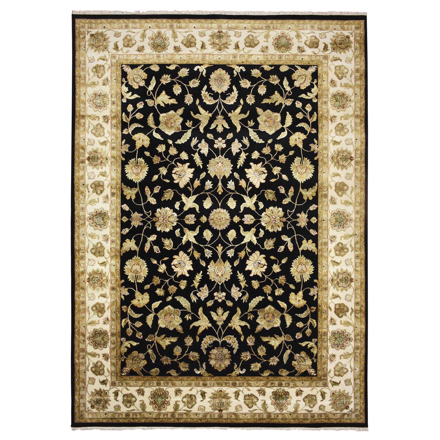 Midnight Black, Rajasthan with All Over Leaf Design, Hand Knotted, Wool and Silk, Soft Pile, Thick and Plush, Oriental Rug